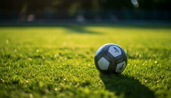 Photo of a ball in the middle of a soccer field Generative AI