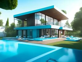 modern house with swimming pool, AI generated photo