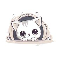 Cute cartoon cat peeking out of the hole. Vector illustration