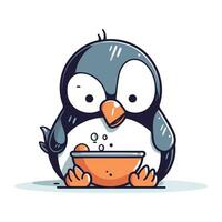 linda pingüino participación un cuenco de alimento. vector ilustración.