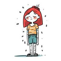 Cute cartoon girl with red hair. standing and crying. Vector illustration.