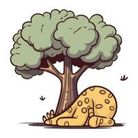 Cartoon vector illustration of a cute giraffe sitting under a tree