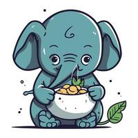 Cute cartoon elephant with bowl of cereals. Vector illustration.