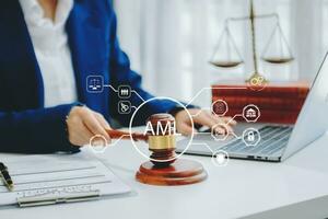 AML Anti Money Laundering Financial Bank Business Concept. judge in a courtroom using laptop and tablet with AML anti money laundering icon on virtual photo
