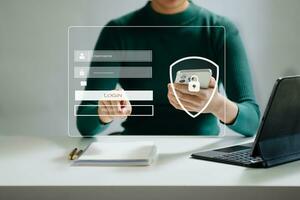 Cyber security concept, Login, User, identification information security and encryption, secure access to user's personal information woman using smart phone and tablet photo