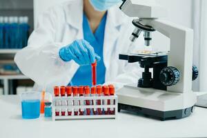 Modern medical research laboratory. female scientist working with micro pipettes analyzing biochemical samples, advanced science chemical laboratory photo