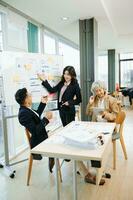 The boss stands near the board with graphs, demonstrates statistics, various personnel attending the training, introduces the new products of the company, photo