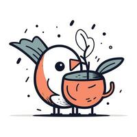 Cute little bird with a pot of coffee. Vector illustration.