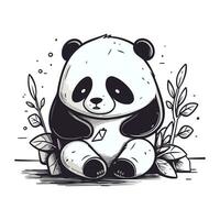 linda panda sentado en el suelo con hojas. vector ilustración.