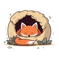 Cute fox sleeping in a burlap bag. Vector illustration.