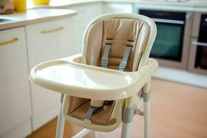 convencional bebé alimentación silla en el comida mesa a hogar o cocina. niño alto silla mueble concepto por ai generado foto