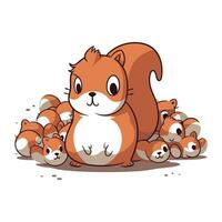 Cute little squirrel with a group of baby squirrels. Vector illustration.