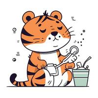 Cute tiger with a bucket and a spoon. Vector illustration.