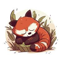 Cute red panda sleeping in the grass. Vector illustration.