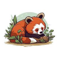 Cute red panda lying on a log. Vector illustration.