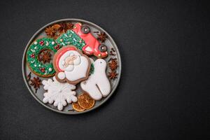 Fresh delicious baked christmas or new year gingerbread cookies photo