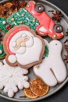 Fresh delicious baked christmas or new year gingerbread cookies photo