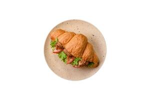 Delicious fresh crispy croissant with chicken or beef meat, lettuce, tomatoes, spices and sauce photo