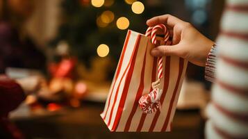 Child Hand Holding Striped Gift Bag with A Candy Cane Christmas Surprise photo