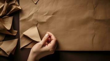 Hand Holding Crumpled Paper, A Symbol of Frustration on a Brown Background photo