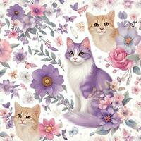 beautiful spring floral seamless patterns with, cute cats flowers leaves purple and pink on white background. Hand draw photo