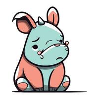 Cute cartoon rhinoceros sitting and crying. Vector illustration.