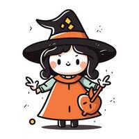 Cute cartoon girl in witch costume for Halloween. Vector illustration.