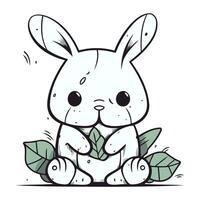 Cute cartoon bunny sitting on the grass and holding leaves. Vector illustration.