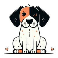 Vector illustration of a cute dog sitting on a white background with hearts.