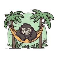 Vector illustration of a monkey in a hammock on the background of palm trees