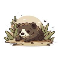 Cute cartoon bear sleeping on the ground in the jungle. Vector illustration.