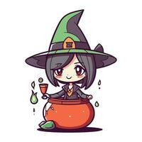 Cute cartoon witch with pot of potion. Halloween vector illustration.