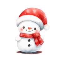 Snowman with scarf and hat on snowy background. Watercolor of hand draw generate by Ai. Png on transparency