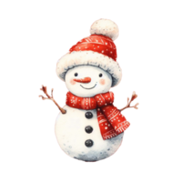 Snowman with scarf and hat on snowy background. Watercolor of hand draw generate by Ai. Png on transparency