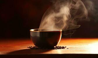 caliente recién elaborada negro té en un taza en un oscuro antecedentes. creando utilizando generativo ai herramientas foto