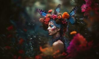 Captivating closeup of a fairy's ethereal beauty in a majestic forest. Creating using generative AI tools photo