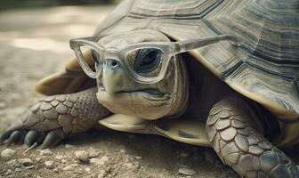 Marvel at the unique sight of a geriatric turtle wearing glasses. Creating using generative AI tools photo