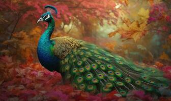 A mesmerizing peacock with vibrant feathers in a mystical fantasy realm. Creating using generative AI tools photo