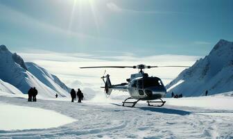 Helicopter lifts freeriders to mountain for extreme skiing adventure. Creating using generative AI tools photo