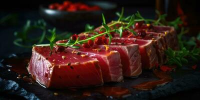 Classic recipe for grilled red tuna with lemon and herbs Creating using generative AI tools photo