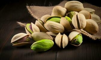 Table scattered with pistachios in a close-up shot Creating using generative AI tools photo