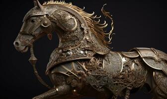 The majestic anthropomorphic horse gallops fearlessly, adorned in shining military armor. Creating using generative AI tools photo