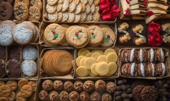 Delicious Christmas cookies in various shapes and flavors. photo