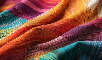 Close up image of a colorful silk fiber, in the style of flowing fabrics photo