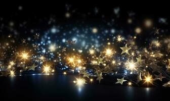 Christmas lights and big golden stars isolated on black background photo