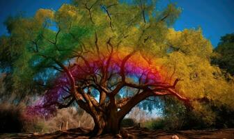 The forest comes alive with the vibrant colors of rainbow trees Creating using generative AI tools photo