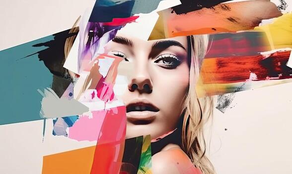 The gallery featured an abstract modern art collage portrait of a young woman. Creating using generative AI tools photo