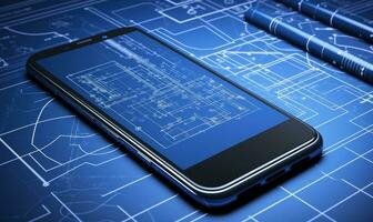 Infographic blueprint showcases the precise technical details of a phone. Creating using generative AI tools photo