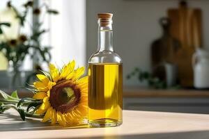 Organic sunflower oil in a small glass jar with sunflower fresh flowers on the table. Ai generated photo