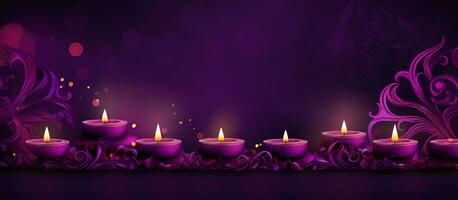 Glowing candles for Indian holiday Diwali Festival of lights on purple background. Ai generated photo